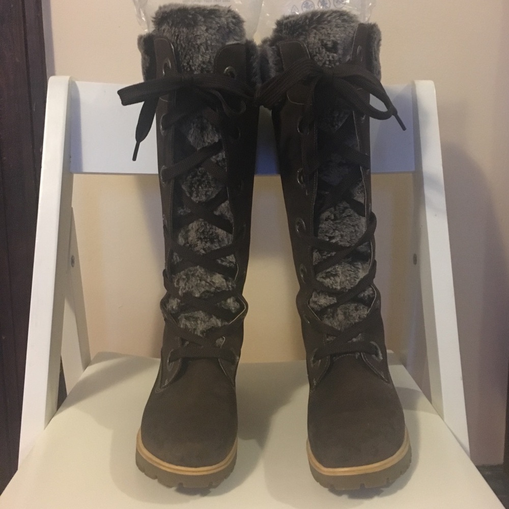 Tall Timberland winter boots with faux fur